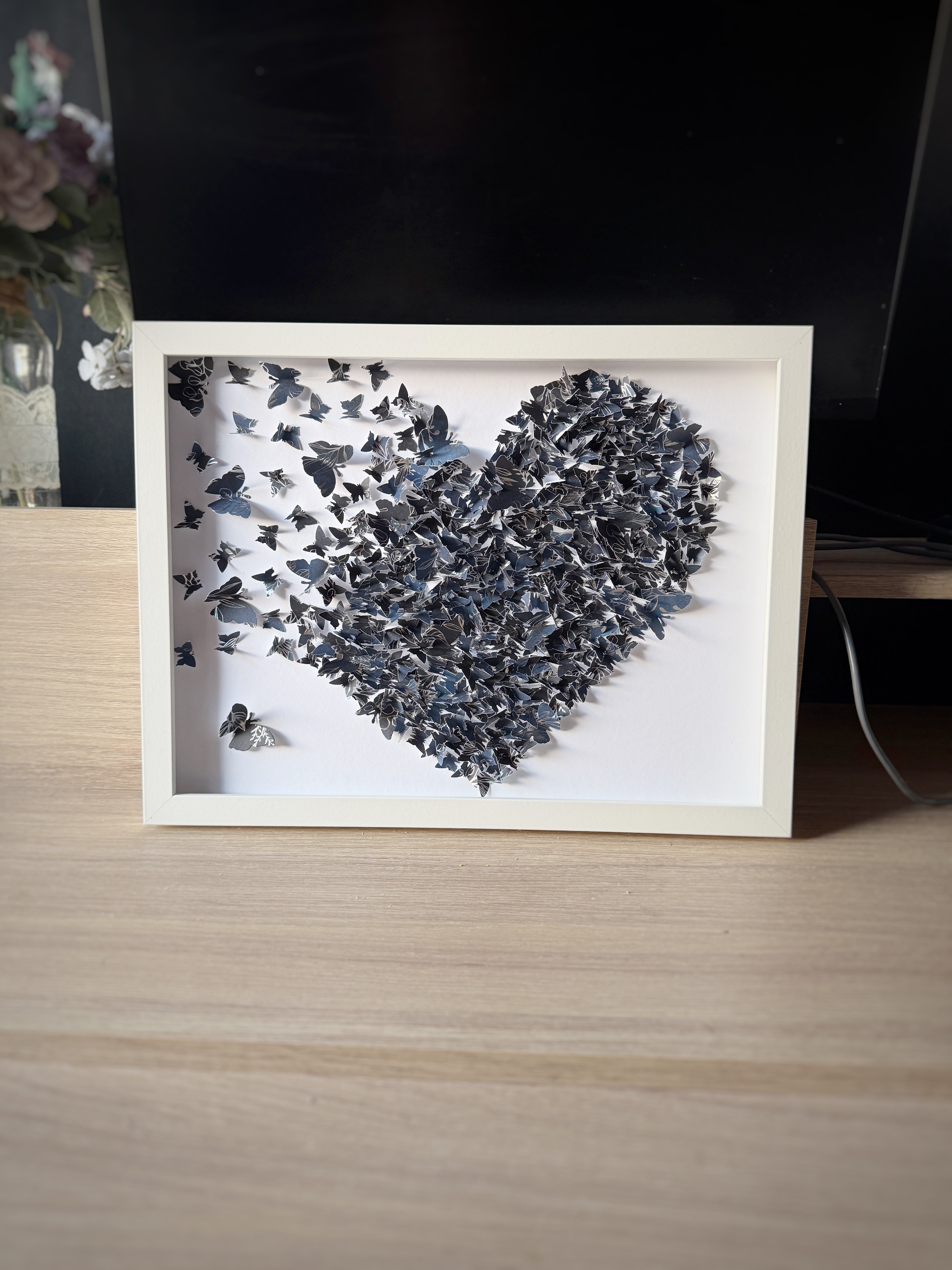 Dark Blue White Butterflies Heart wall art
