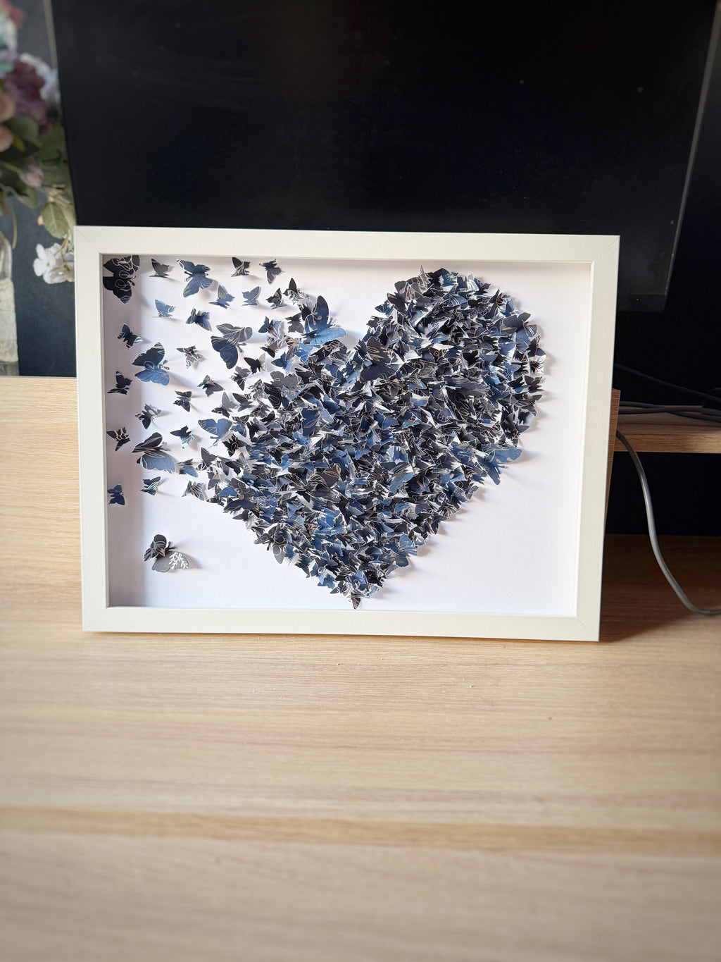 Dark Blue White Butterflies Heart wall art