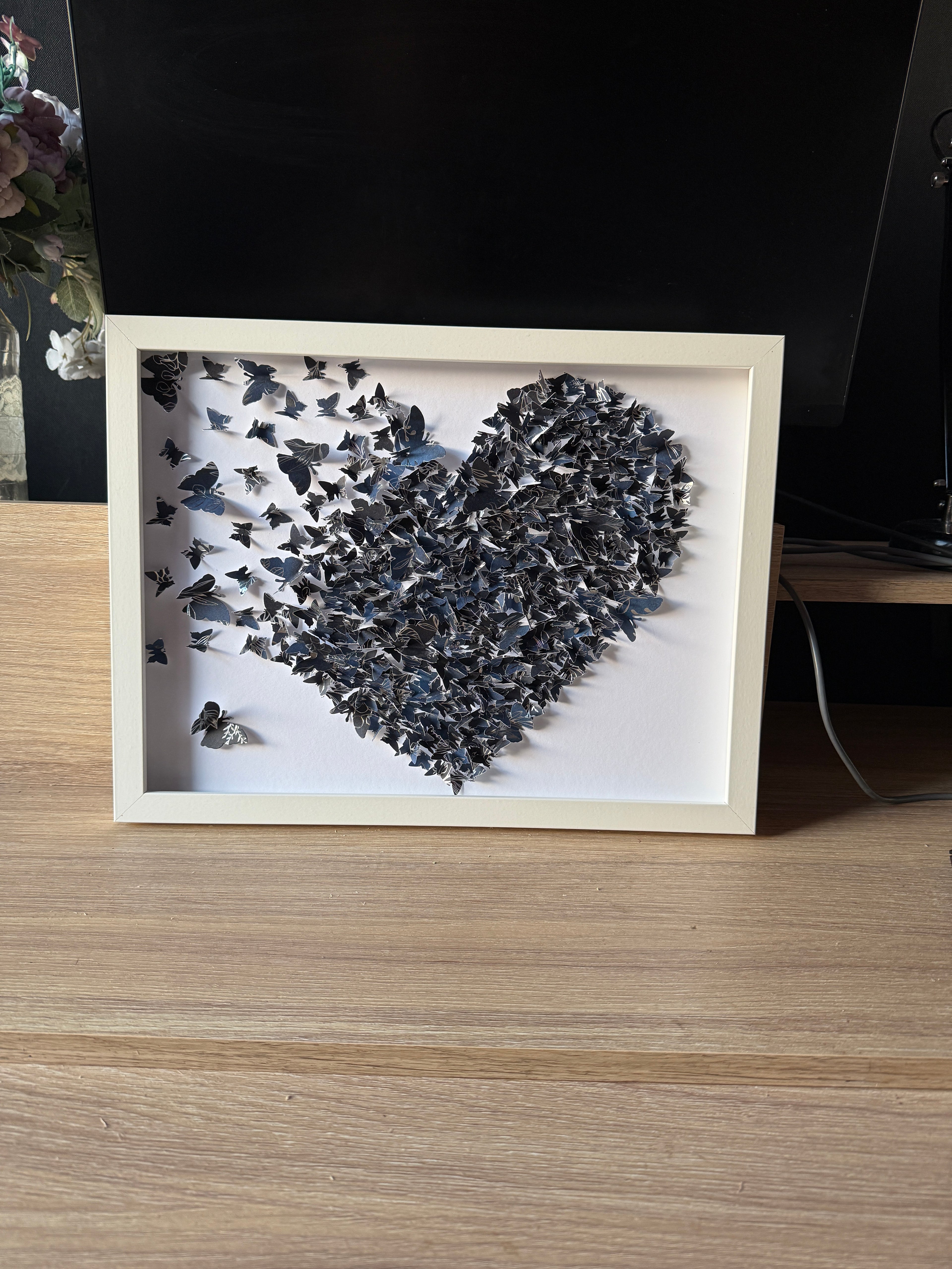 Dark Blue White Butterflies Heart wall art