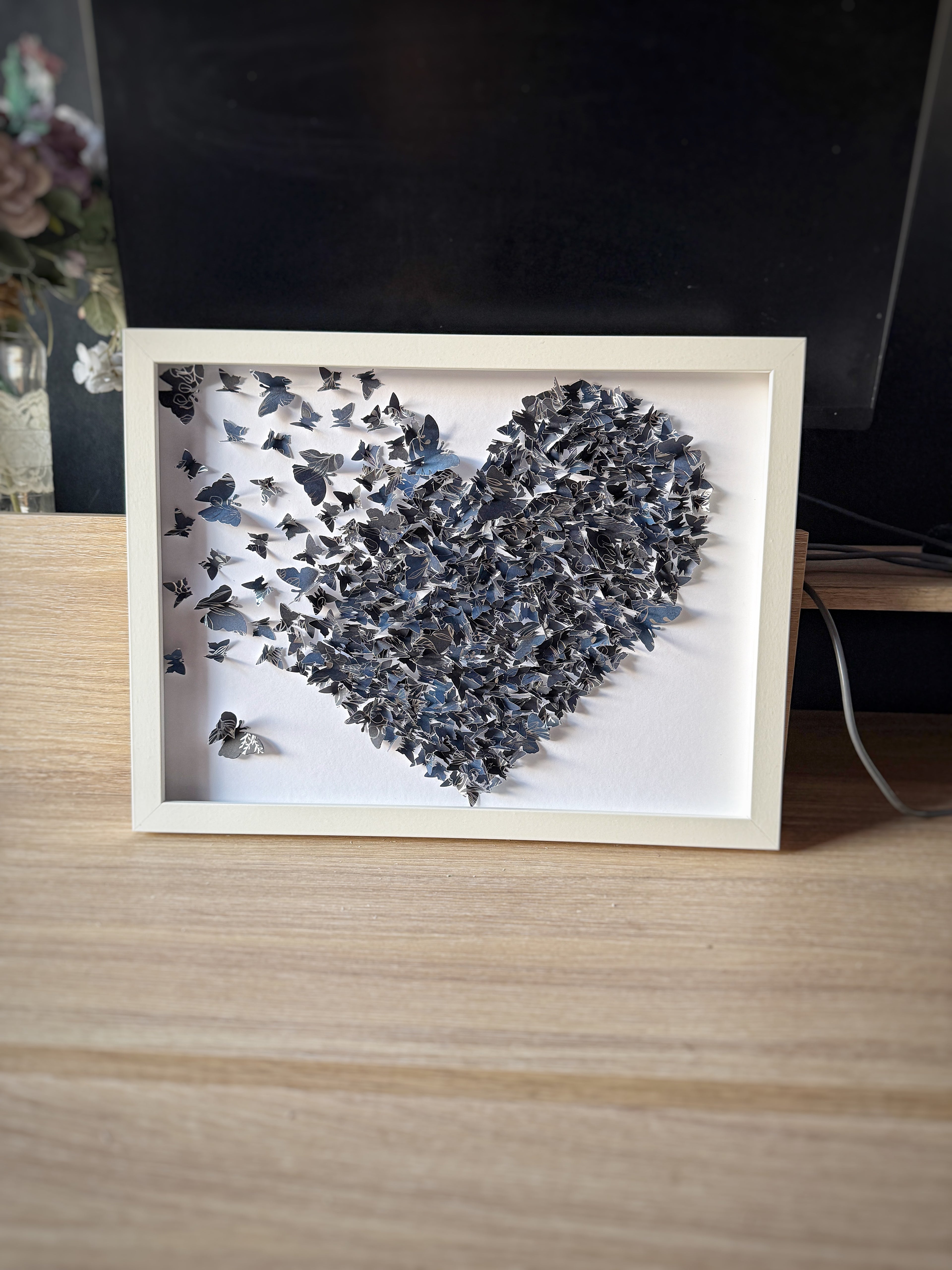 Dark Blue White Butterflies Heart wall art