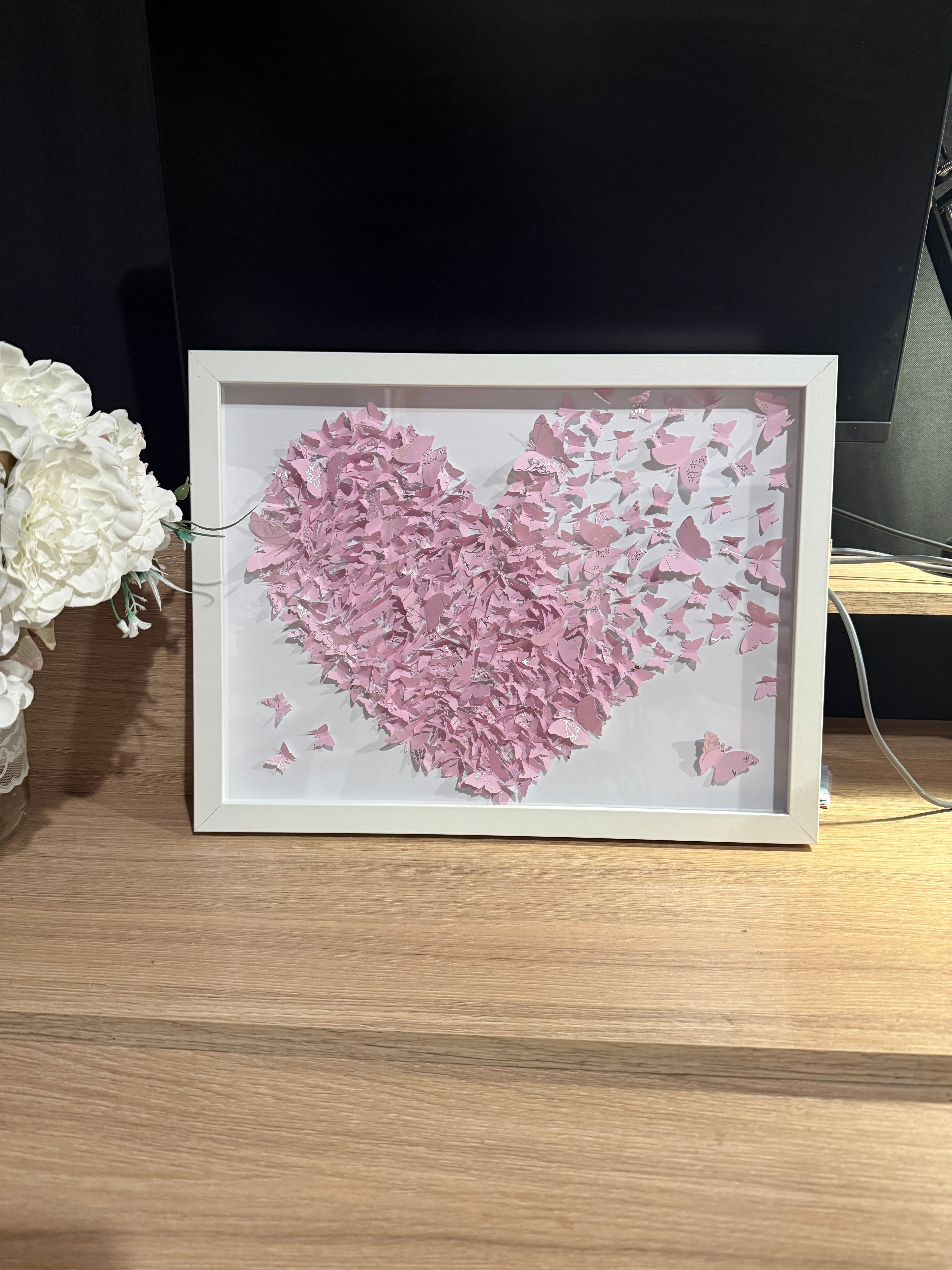 Light Pink White Butterflies Heart wall art