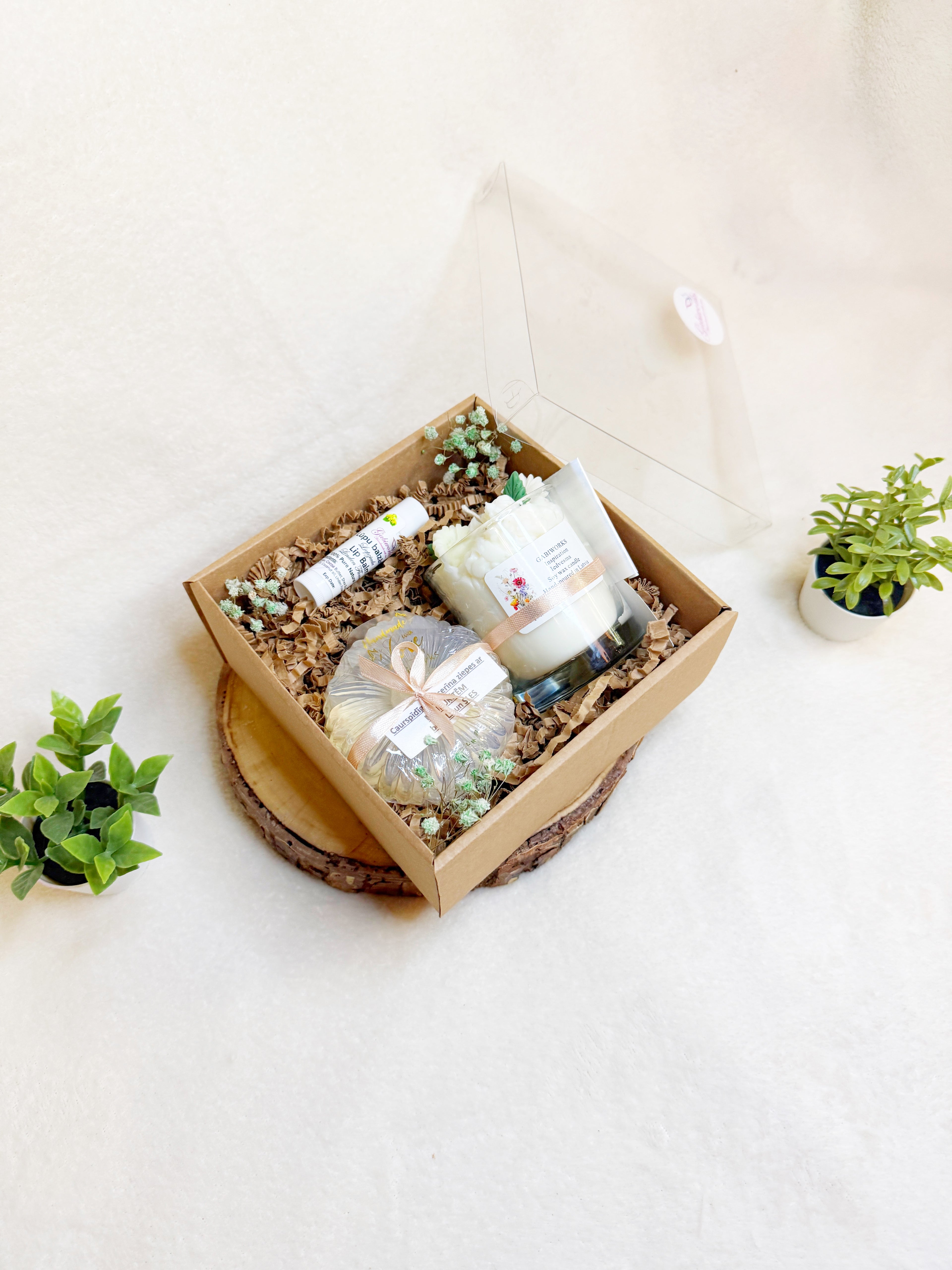 Natural gift set- Lip balm, Soy Dessert candle, Glycerin soap