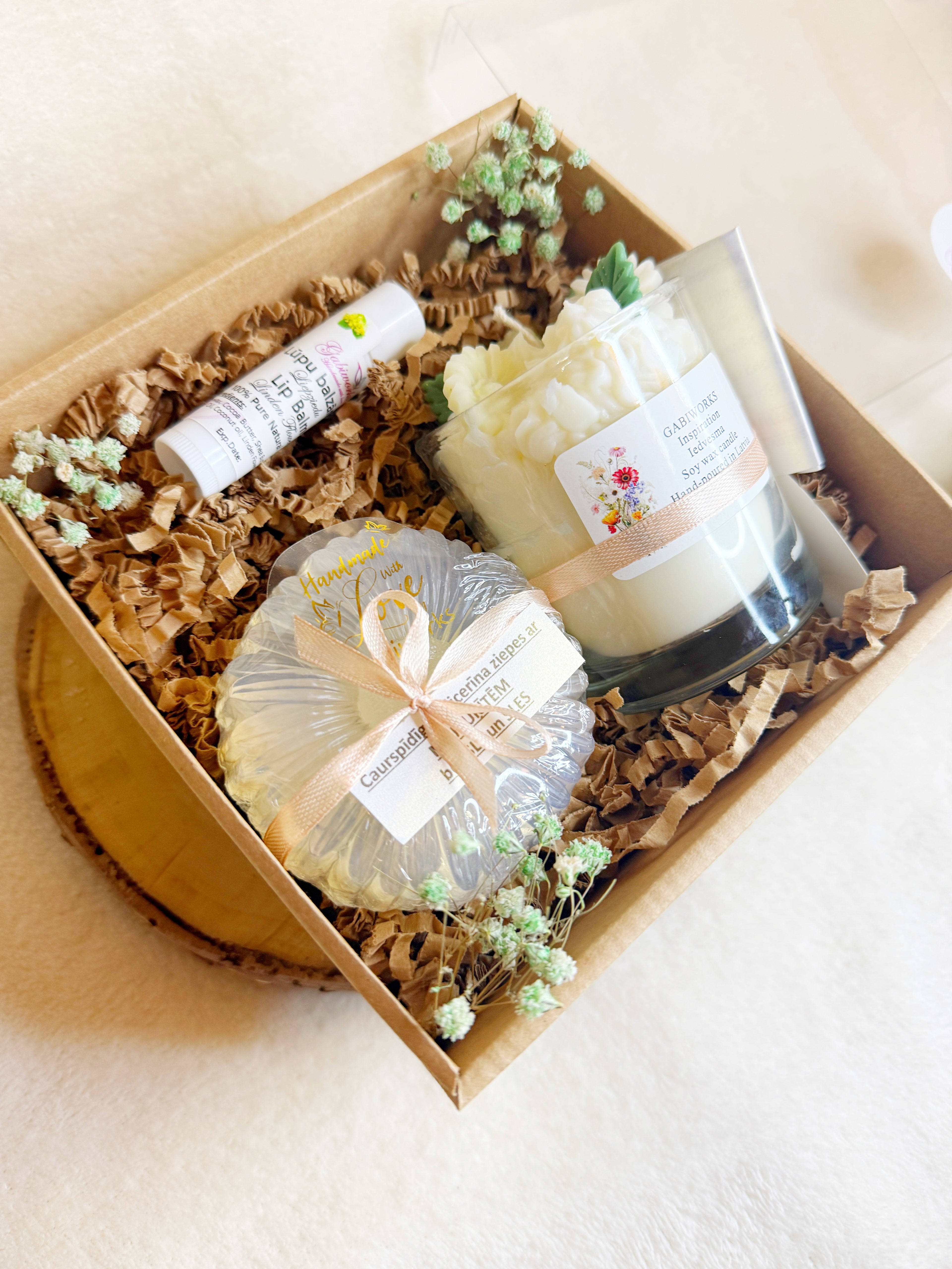 Natural gift set- Lip balm, Soy Dessert candle, Glycerin soap