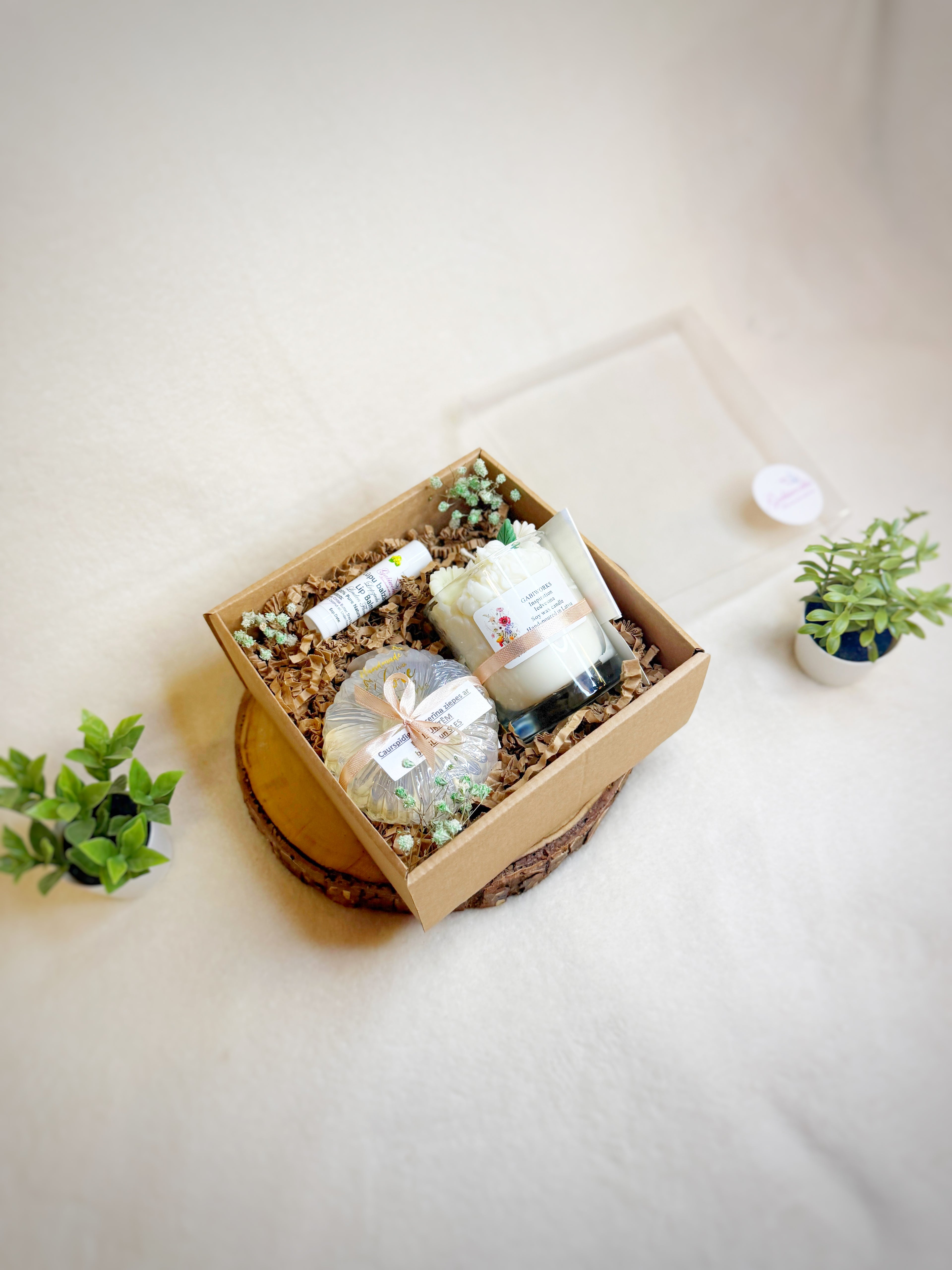 Natural gift set- Lip balm, Soy Dessert candle, Glycerin soap