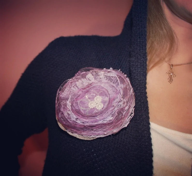Purple fabric flower brooch