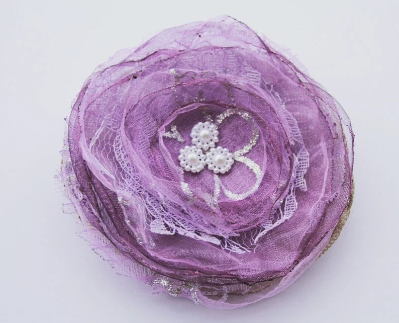 Purple fabric flower brooch