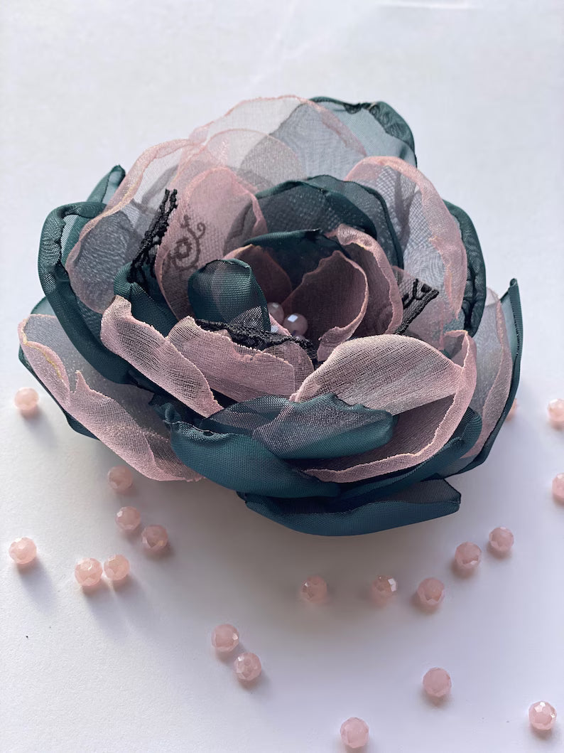 Pink and Dark Blue FABRIC FLOWER Brooch