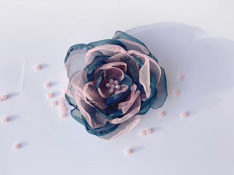 Pink and Dark Blue FABRIC FLOWER Brooch