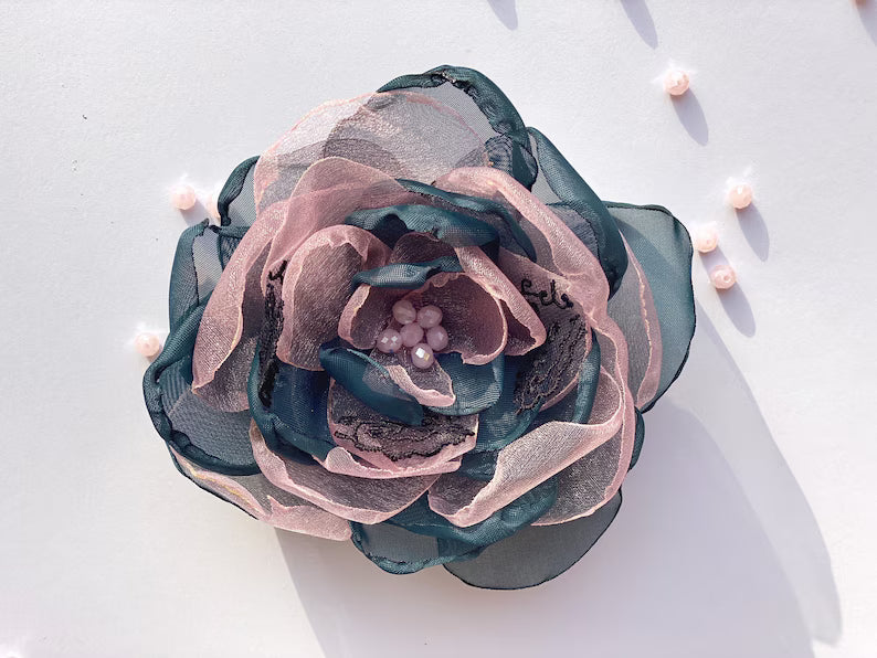 Pink and Dark Blue FABRIC FLOWER Brooch