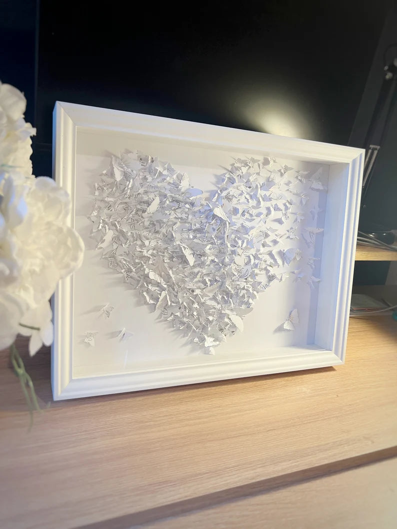 White/Silver lines butterflies heart art