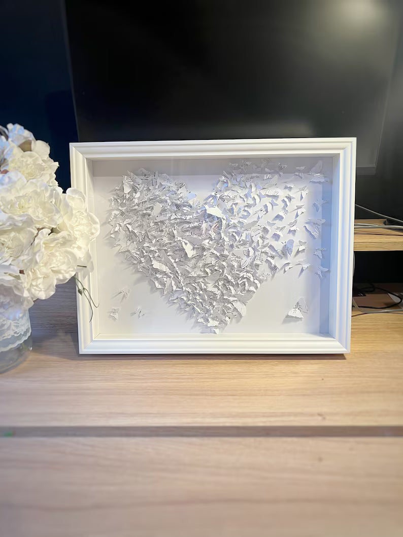 White/Silver lines butterflies heart art