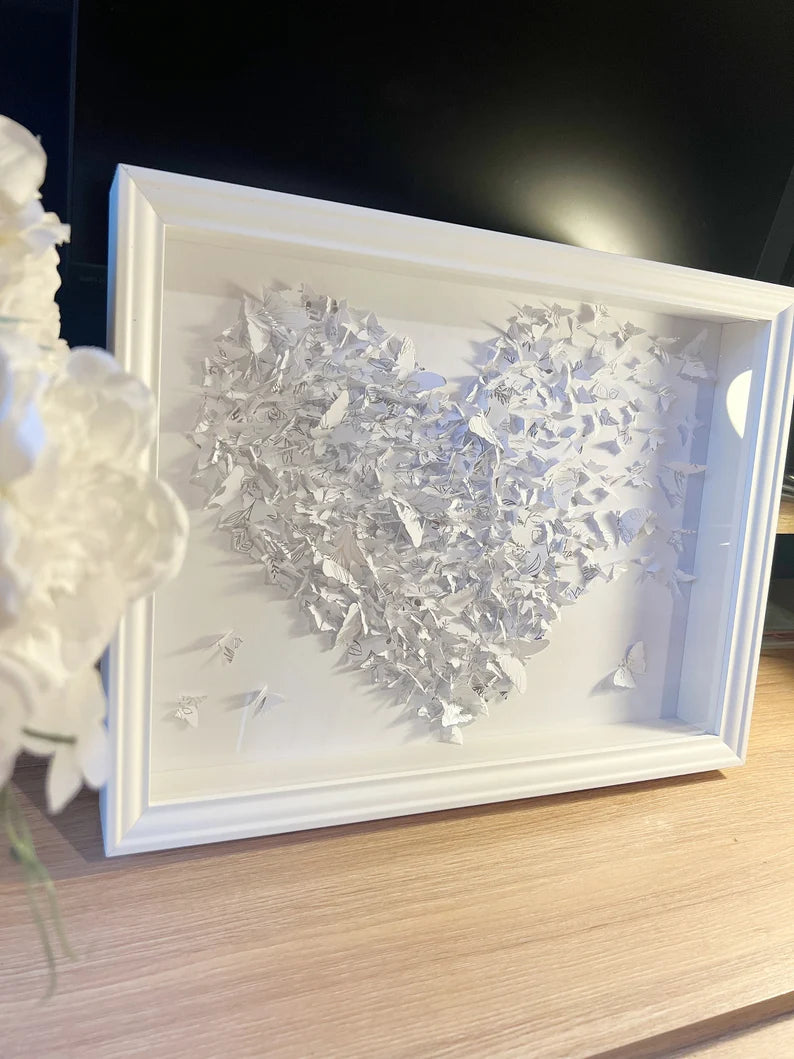 White/Silver lines butterflies heart art