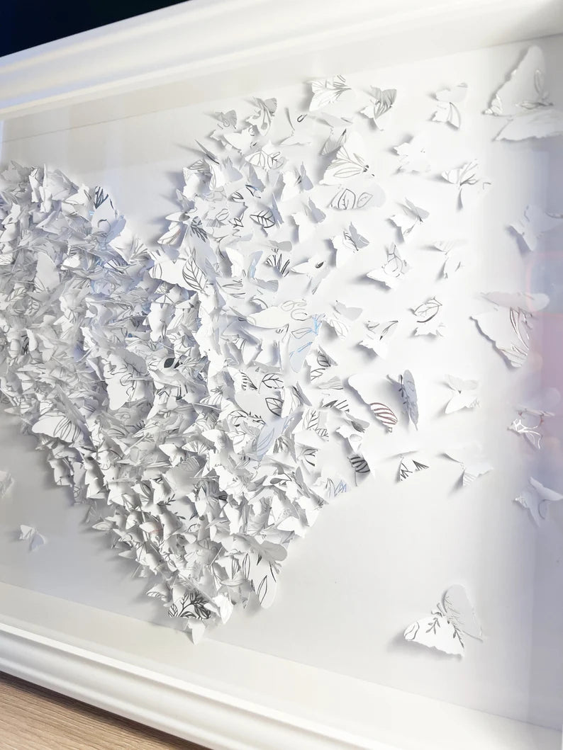 White/Silver lines butterflies heart art