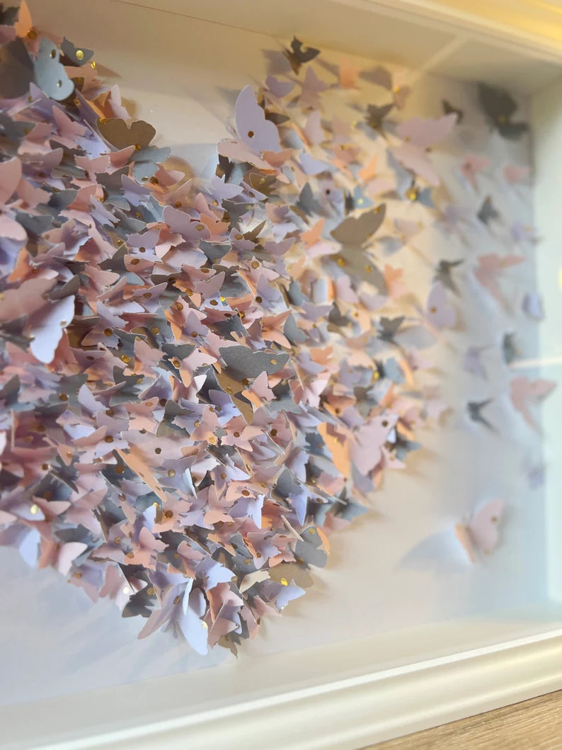 Light Gray, Pink butterflies heart wall art