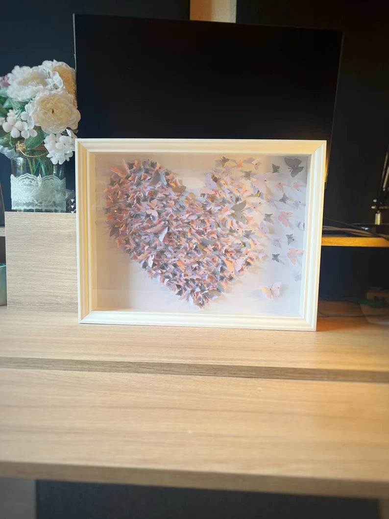 Light Gray, Pink butterflies heart wall art