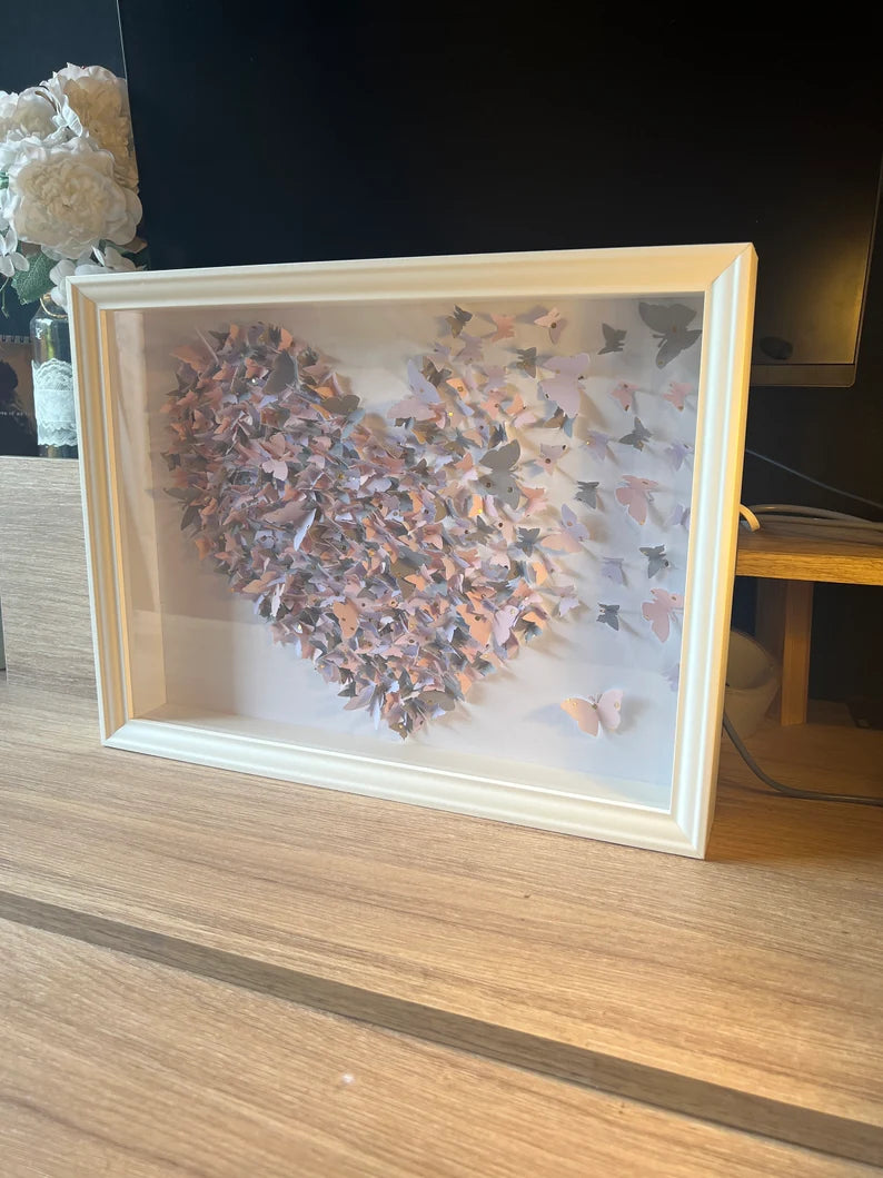 Light Gray, Pink butterflies heart wall art