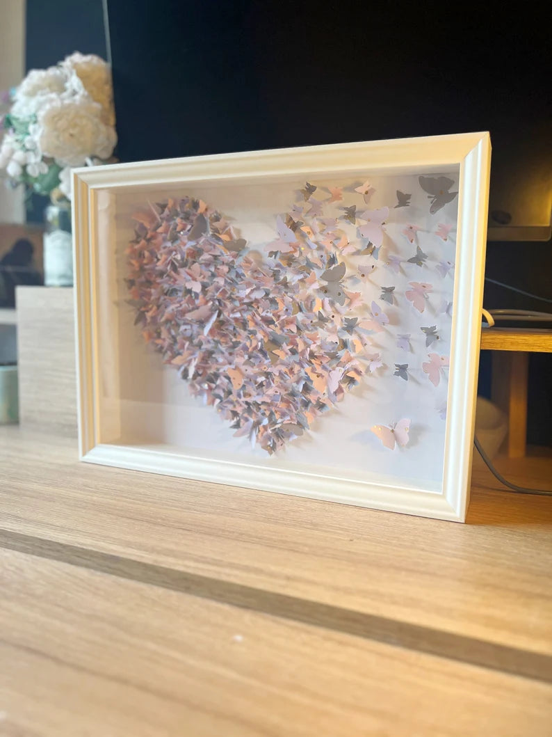 Light Gray, Pink butterflies heart wall art