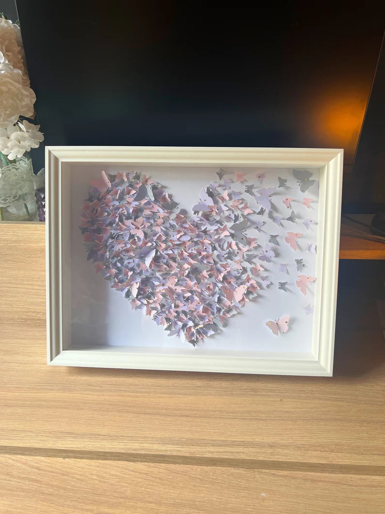 Light Gray, Pink butterflies heart wall art