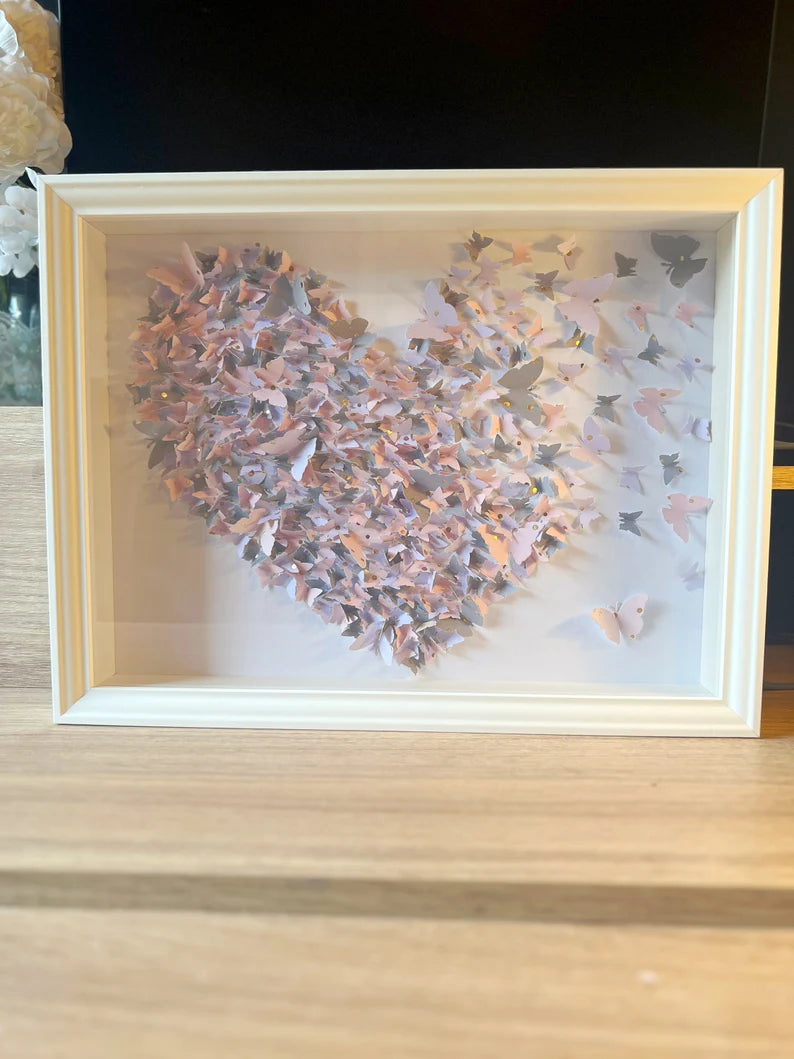 Light Gray, Pink butterflies heart wall art