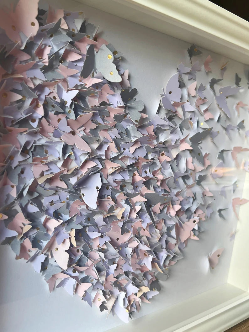 Light Gray, Pink butterflies heart wall art